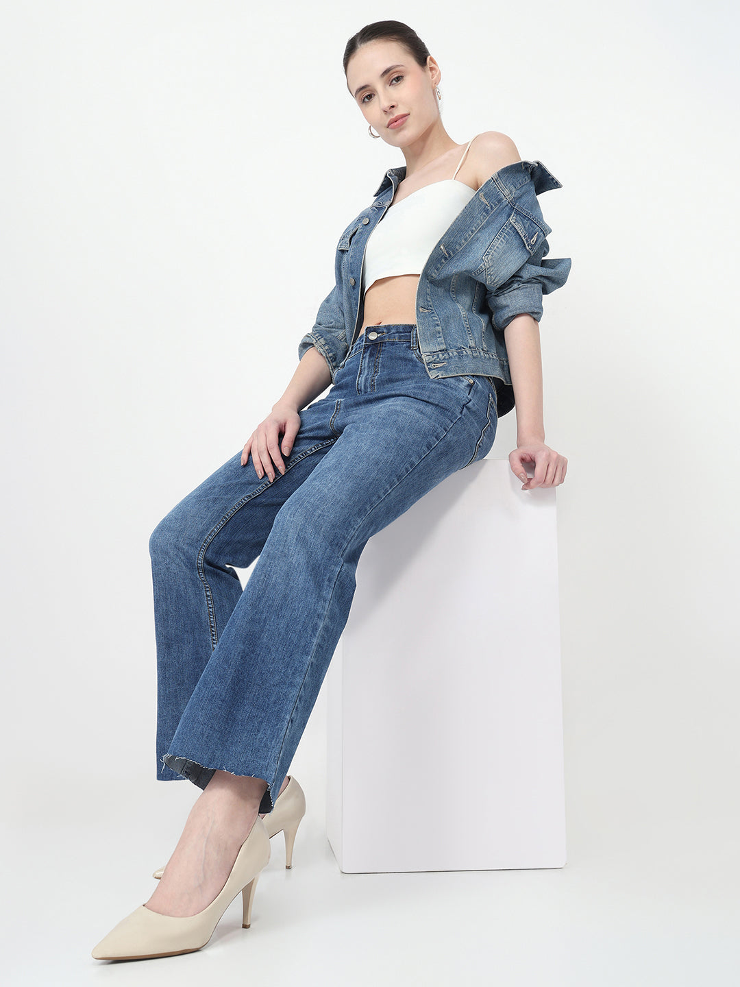 Women Blue High-Rise Crop Flare Jeans