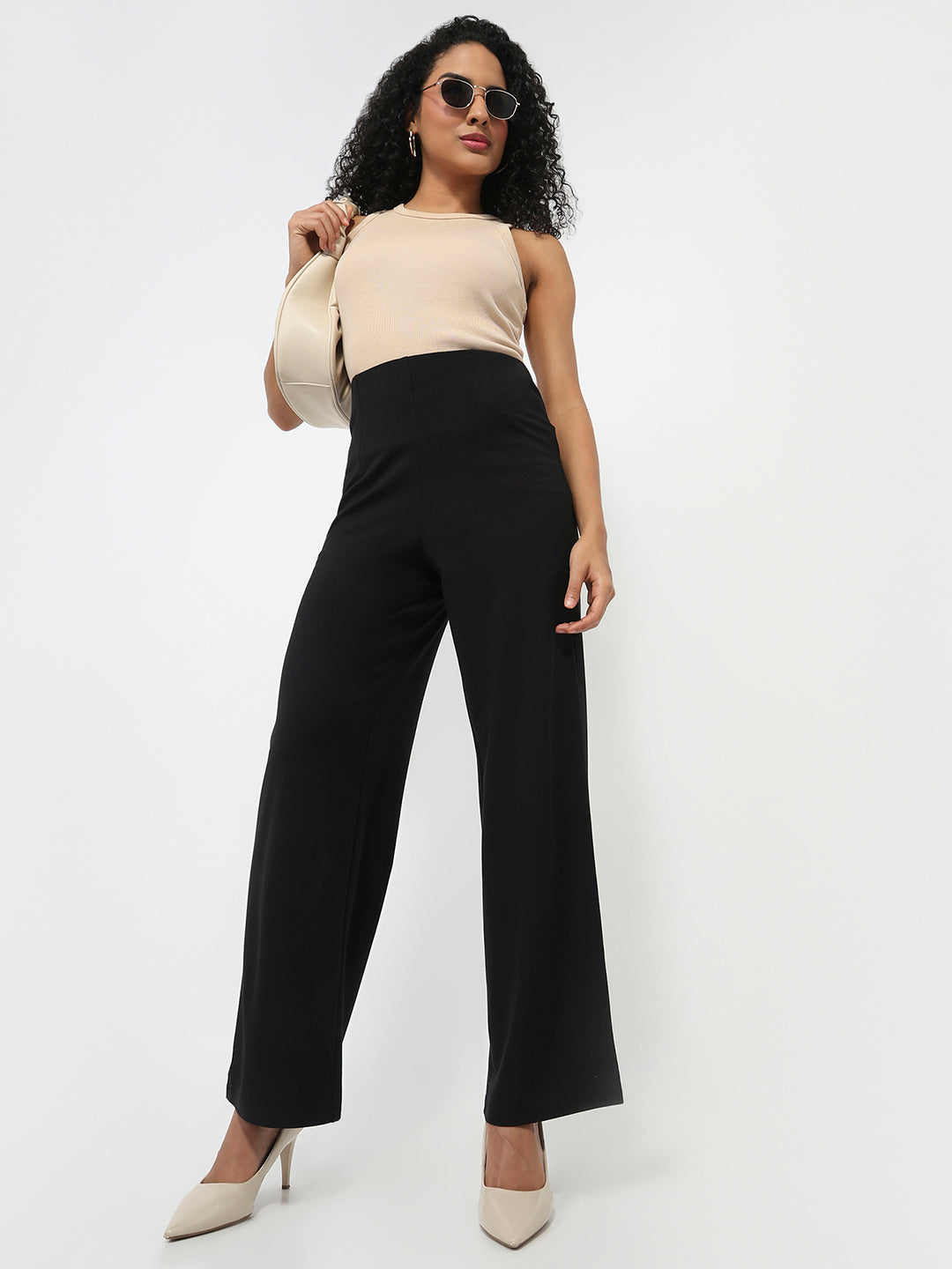 Women Black High-Rise Wide Leg Treggings