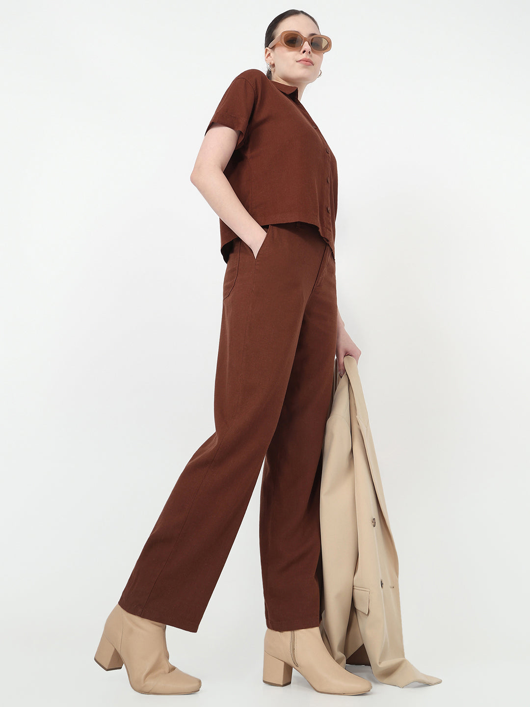 Women Sepia High-Rise Straight Fit Korean Pants