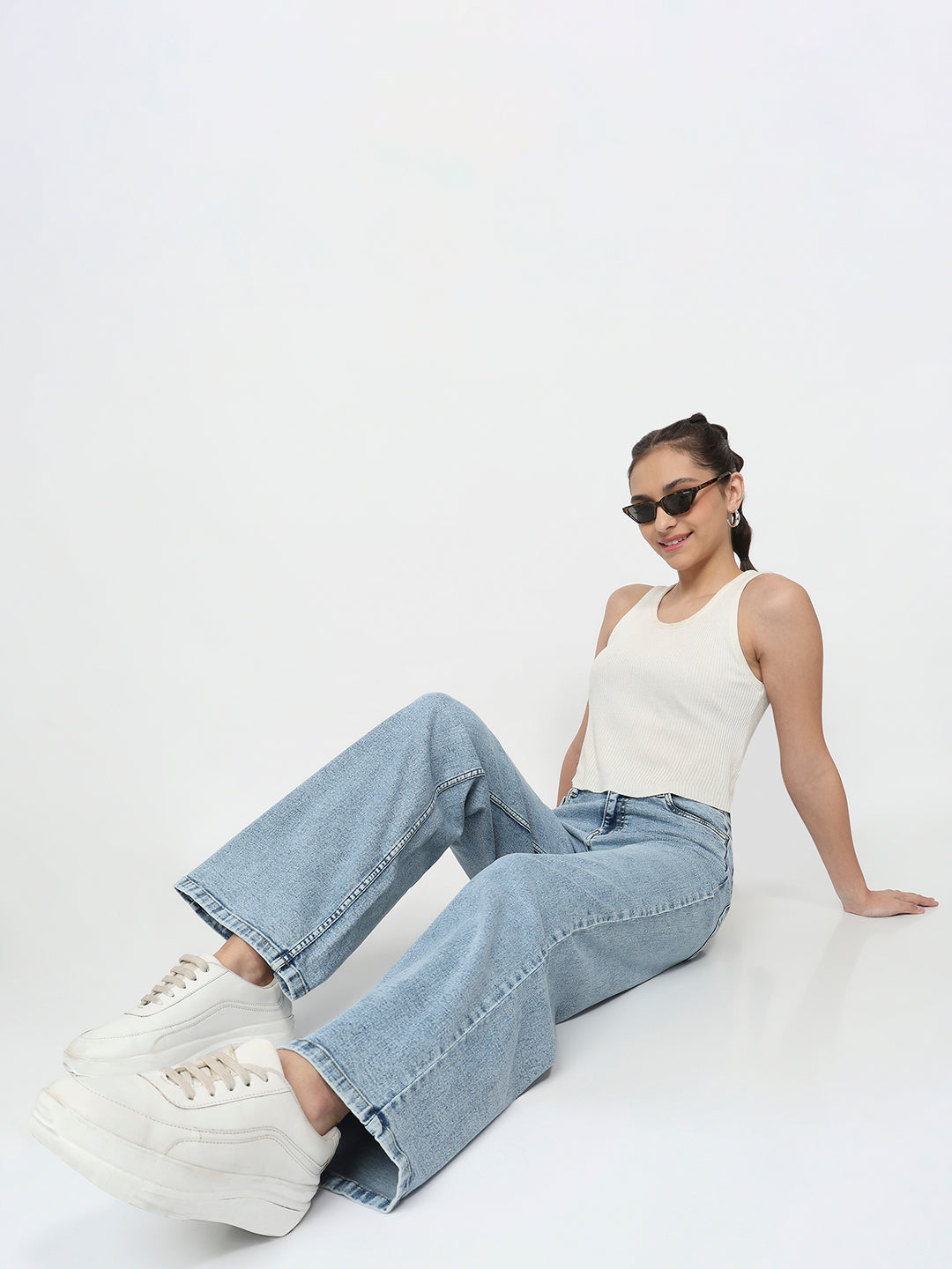 Women Light Blue High-Rise Super Wide Leg Jeans