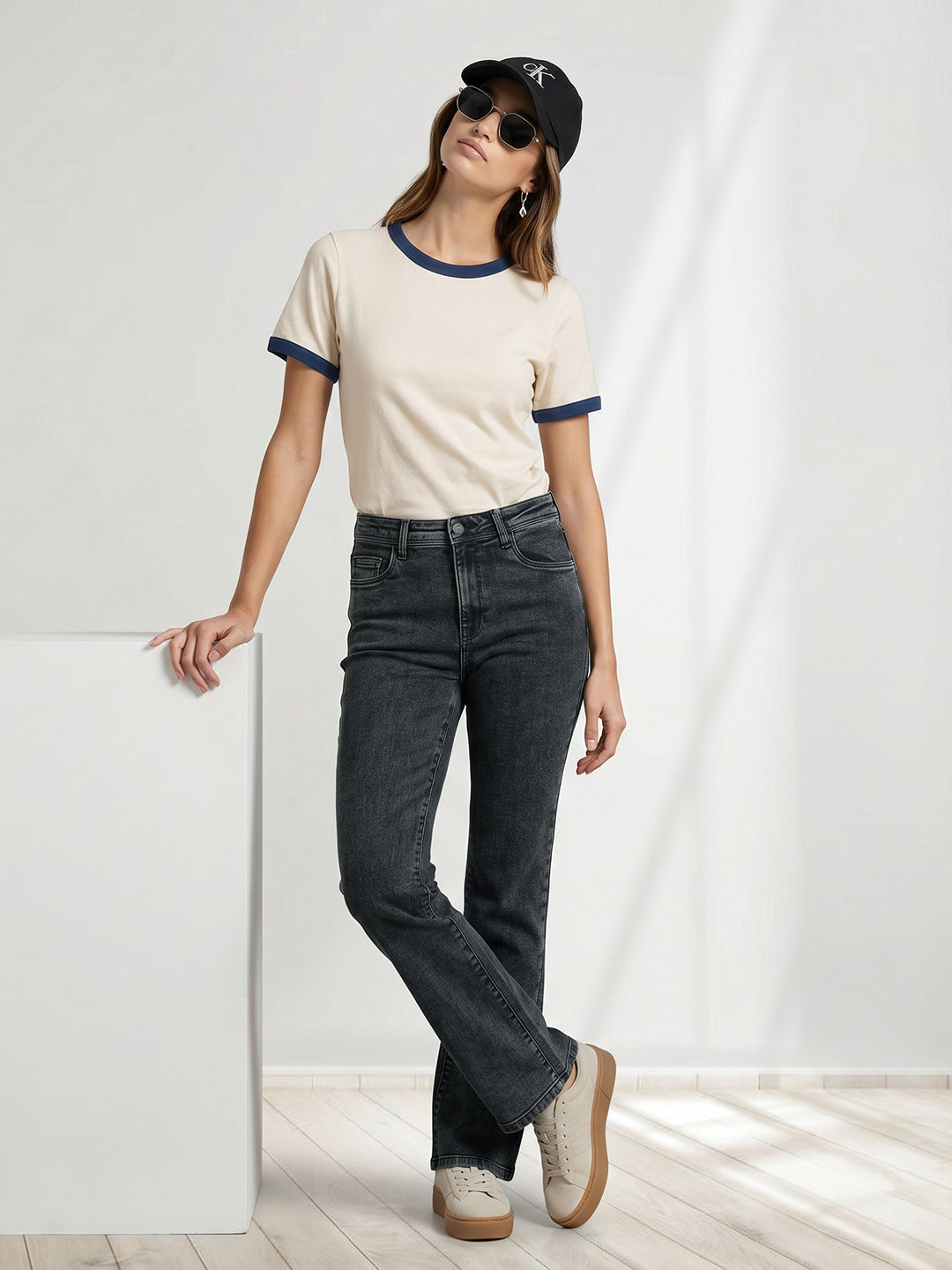 Women Slate Blue High-Rise Crop Flare Jeans