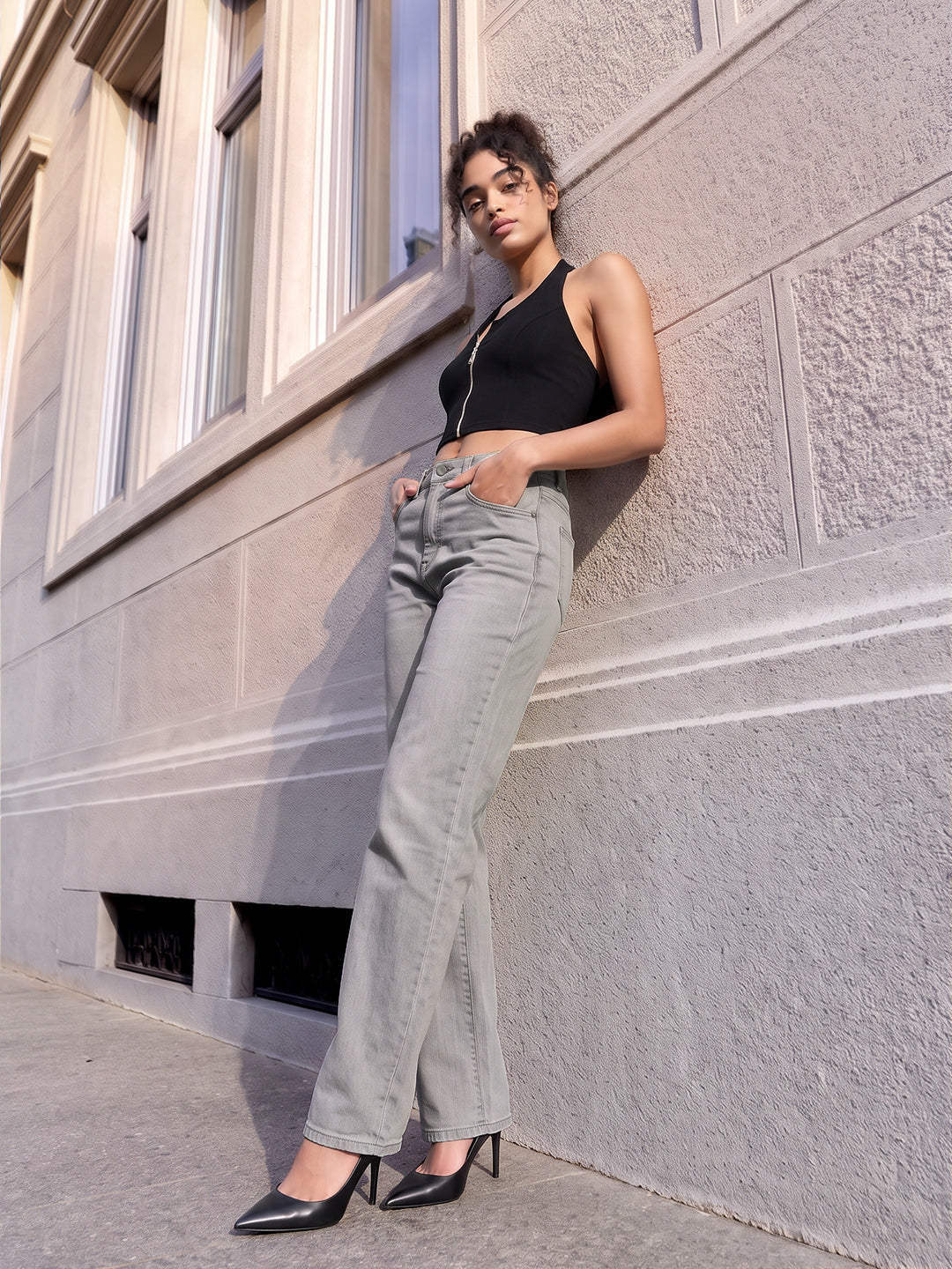 Light Grey High-Rise Straight Fit Jeans