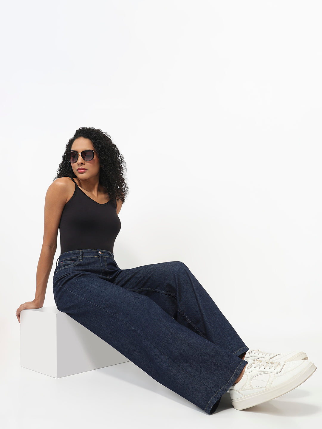 Women Dark Blue Super Wide Leg Jeans