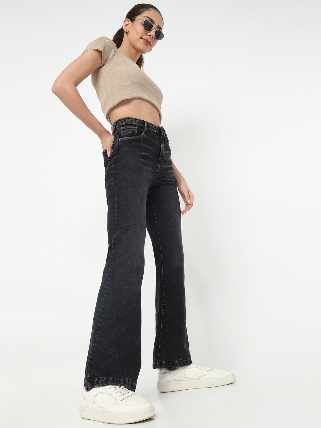 Women Charcoal High-Rise Mini Flare Jeans