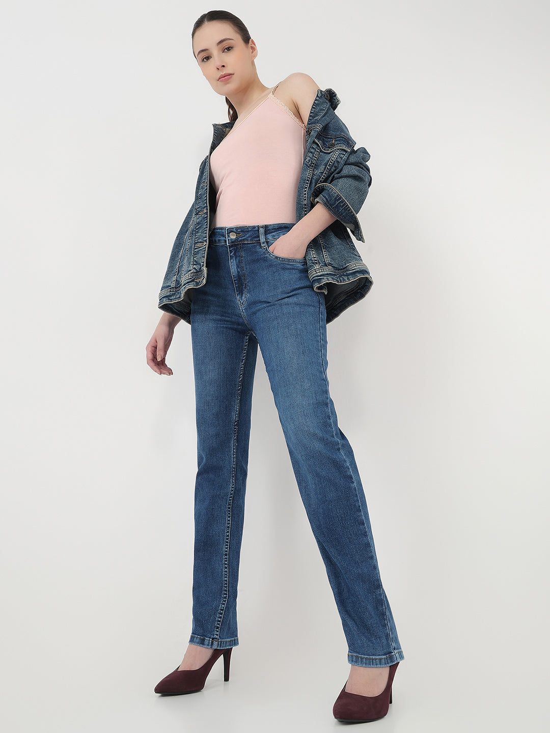 Women Blue High-Rise Slim Straight Jeans