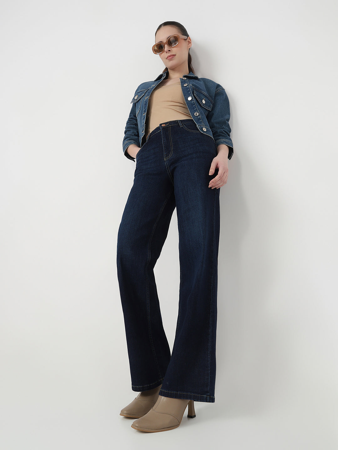 Women Dark Blue High-Rise Wide Leg Jeans