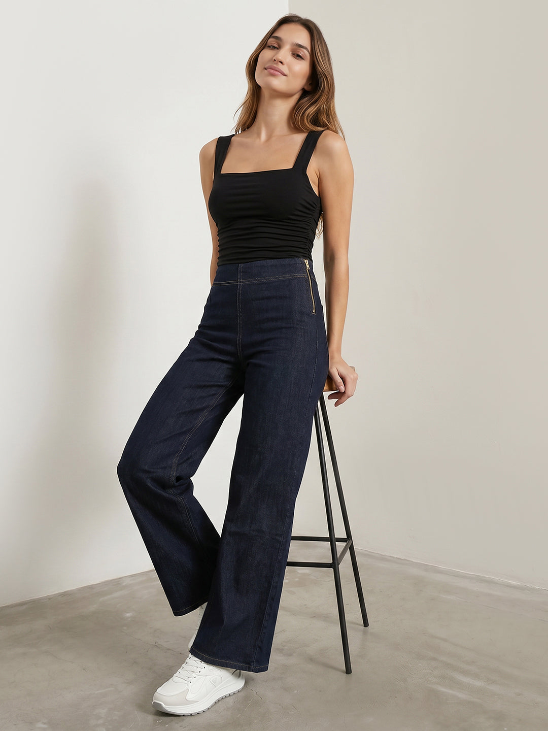 Women Dark Blue High-Rise Super Wide Leg Jeans