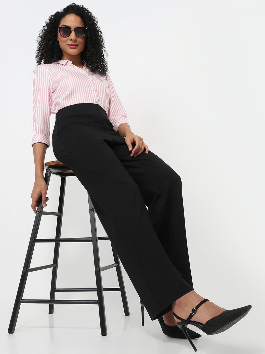 Women Black High-Rise Wide Leg Treggings