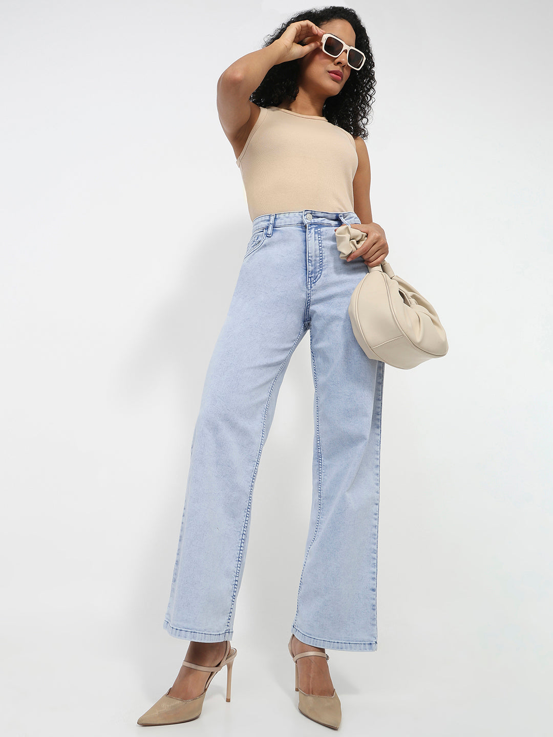 Women Light Blue High-Rise Wide Leg Jeans