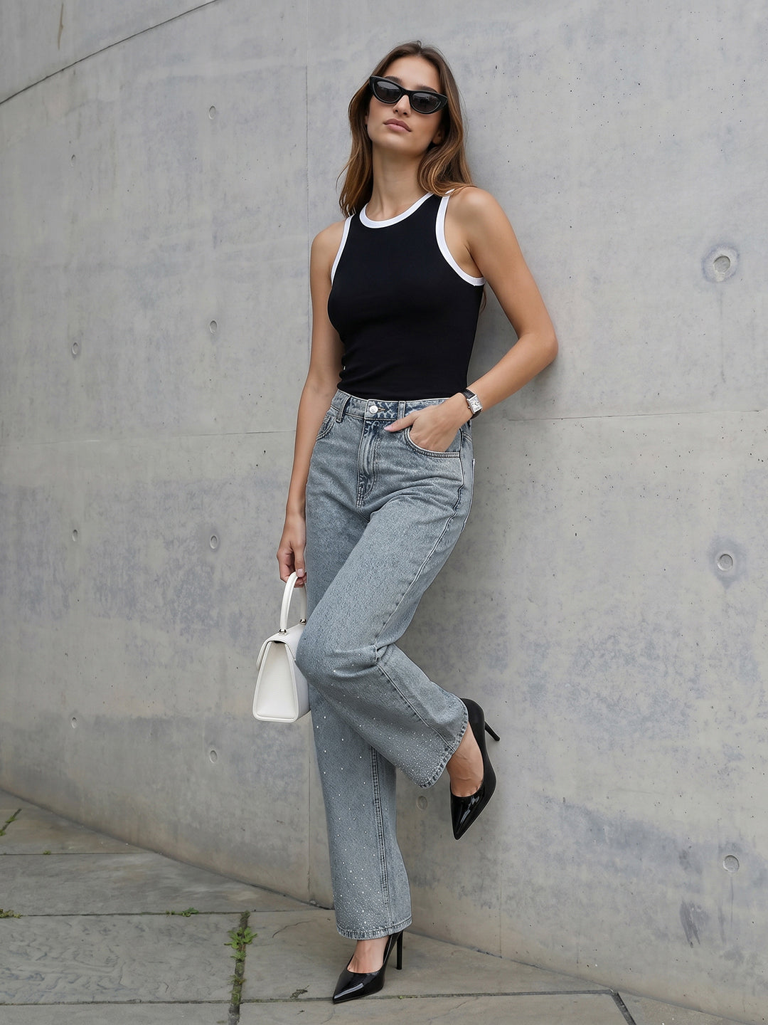 Women Light Blue High-Rise Rhinestone Wide Leg Jeans
