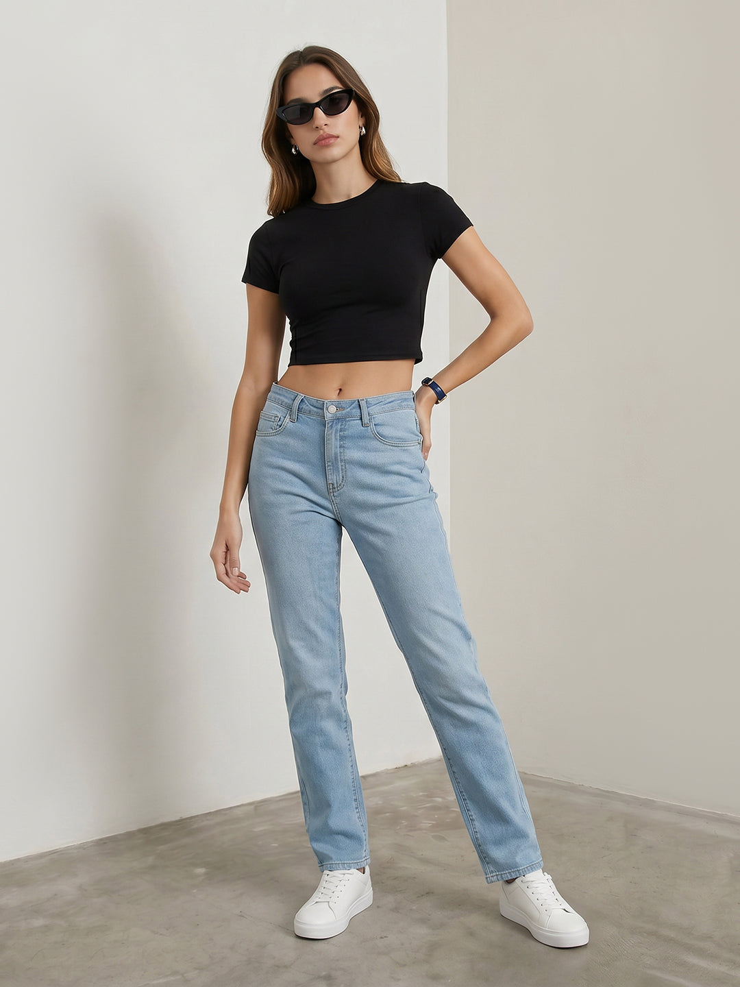 Women Light Blue High-Rise Slim Straight Fit Jeans