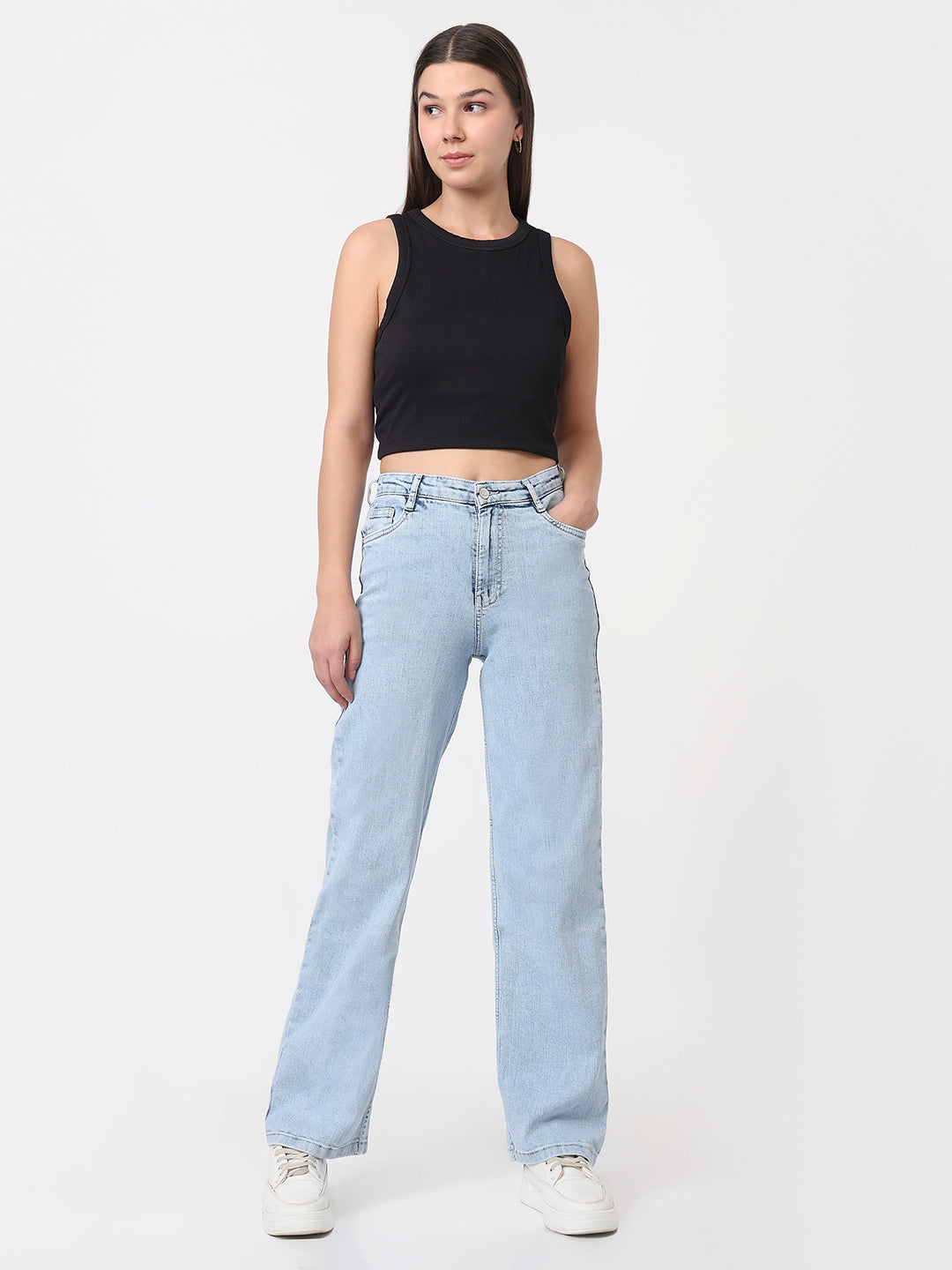 Women Light Blue High-Rise Baggy Jeans