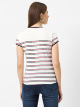 Women Off White Striped Short Sleeves T-Shirts