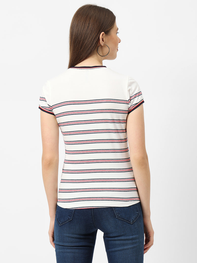 Women Off White Striped Short Sleeves T-Shirts