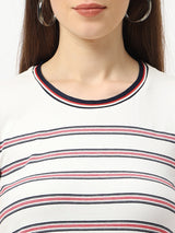 Women Off White Striped Short Sleeves T-Shirts