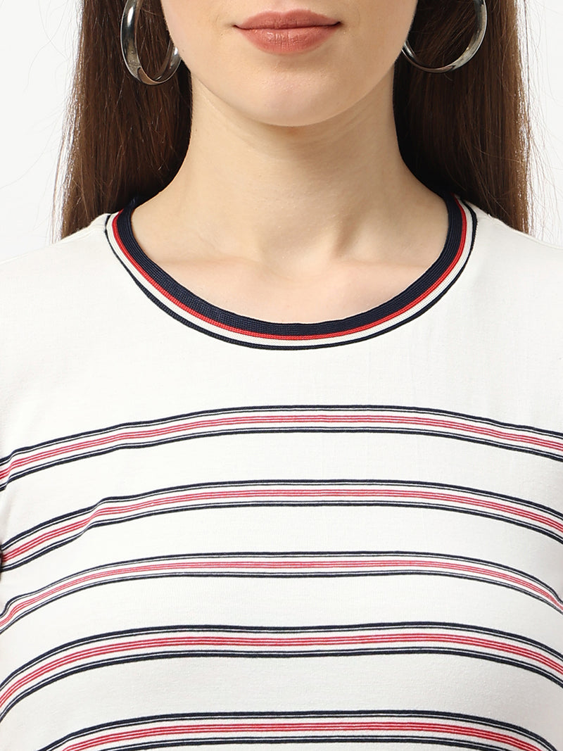 Women Off White Striped Short Sleeves T-Shirts