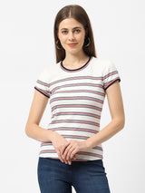 Women Off White Striped Short Sleeves T-Shirts