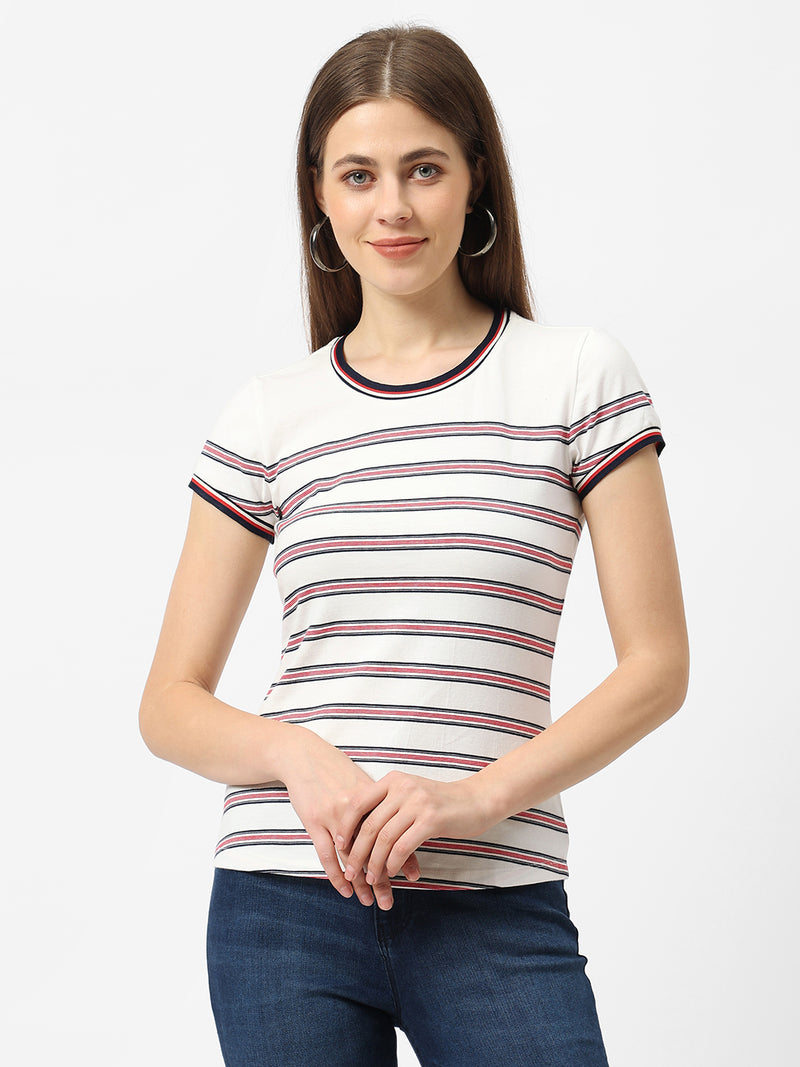 Women Off White Striped Short Sleeves T-Shirts