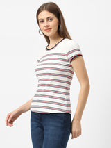Women Off White Striped Short Sleeves T-Shirts