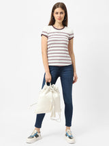 Women Off White Striped Short Sleeves T-Shirts