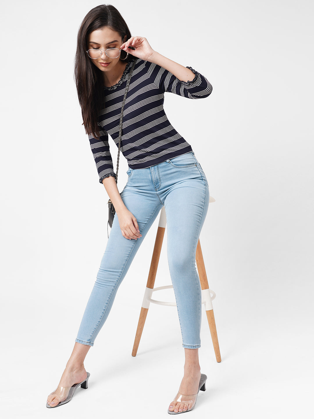 Women Navy/White Stripe Crop Tees