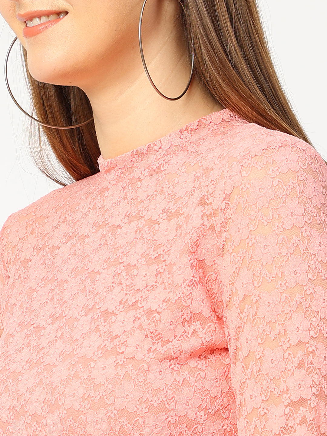 Women Peach Crop Lace Top
