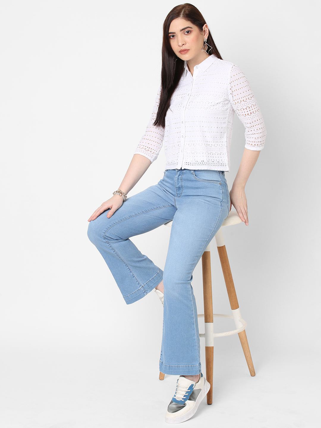 Women Bleack/White Crop Schiffli Shirt