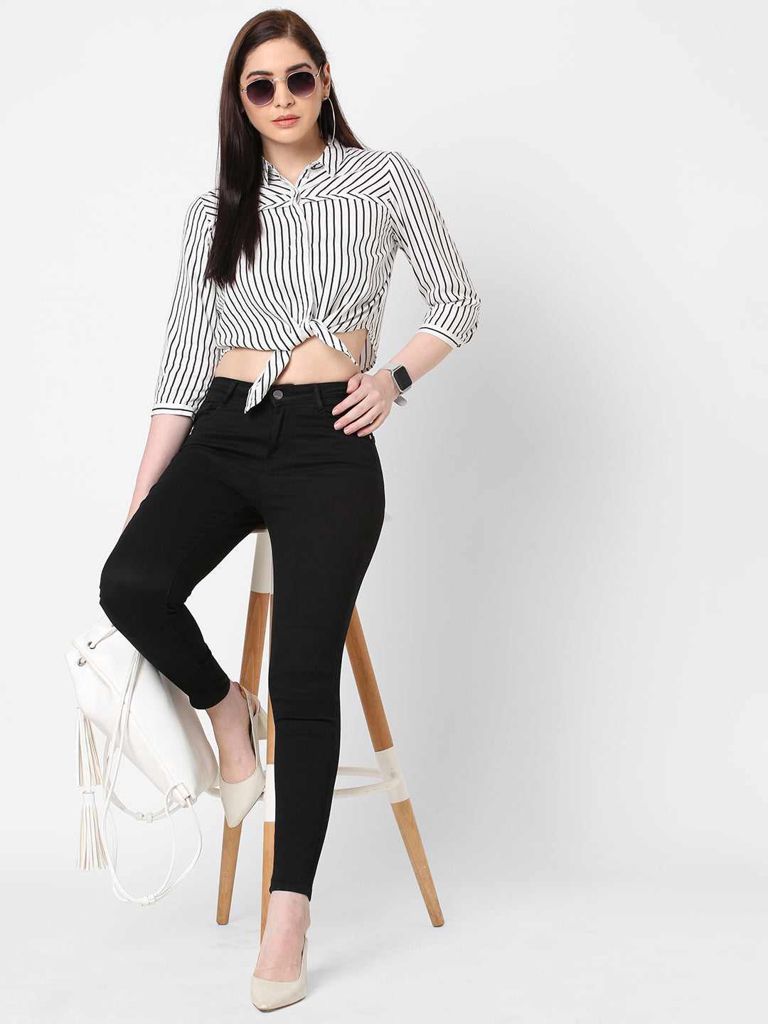 Women Black/White Crop Shirt