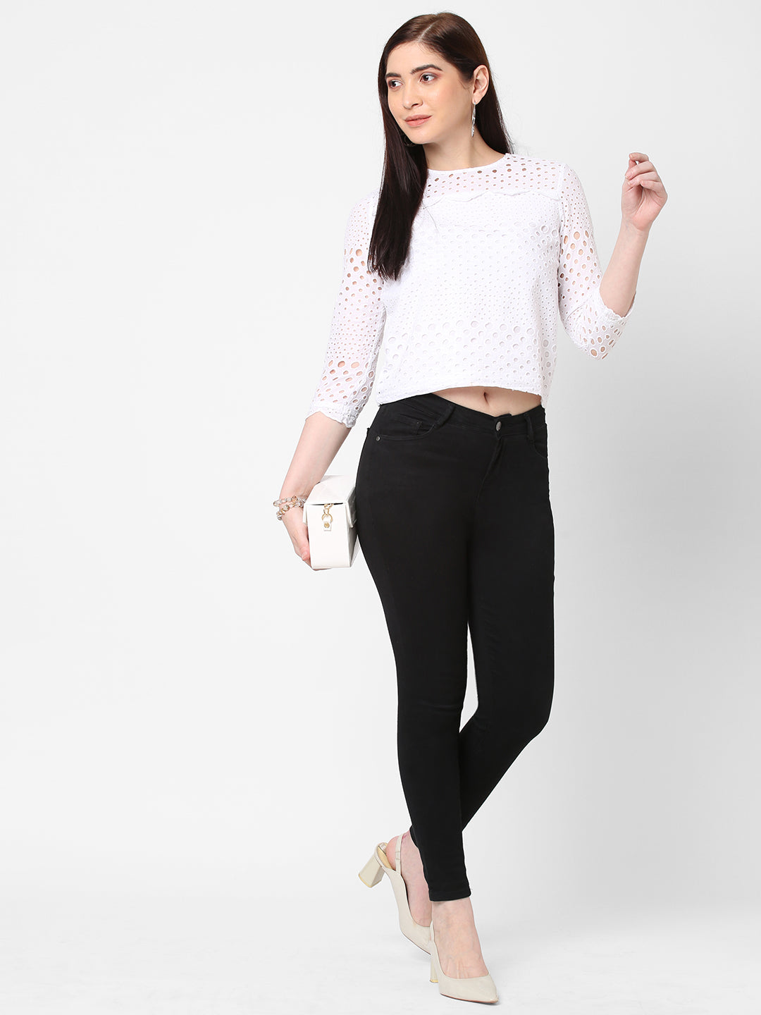 Women Bleach/White Crop Schiffli Top