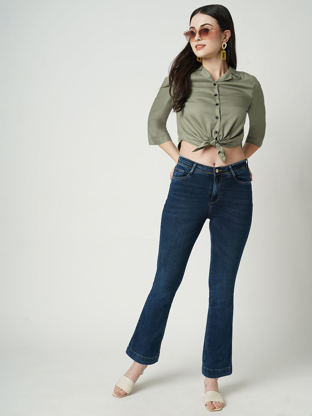 Women Light Olive Crop Shirt