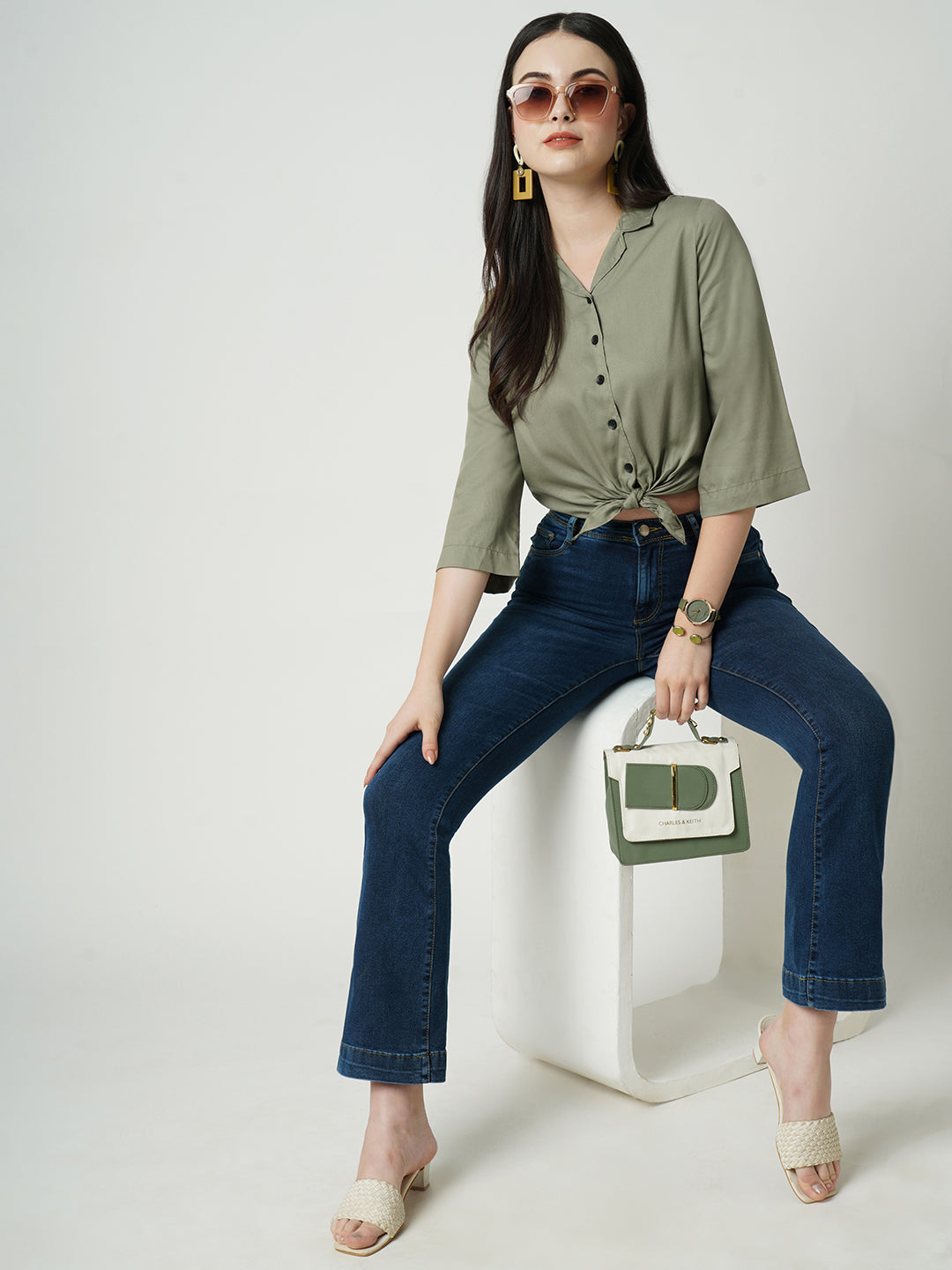 Women Light Olive Crop Shirt