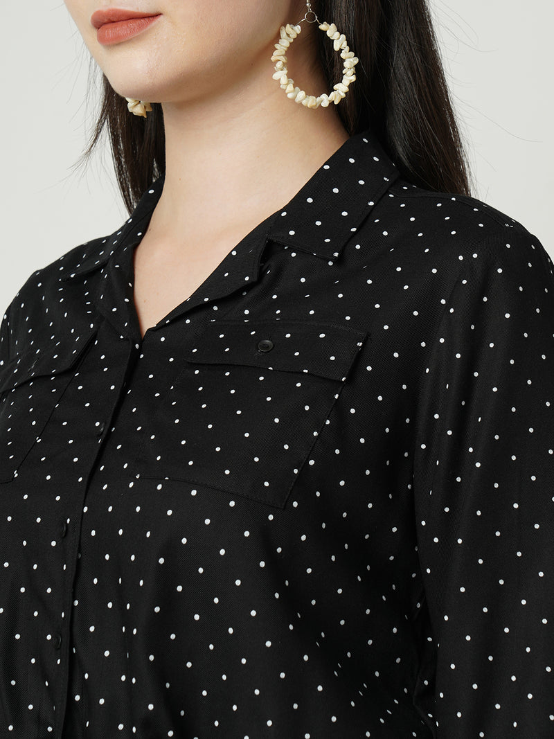Women Black Polka Dot Three-Quarter Sleeves Shirts