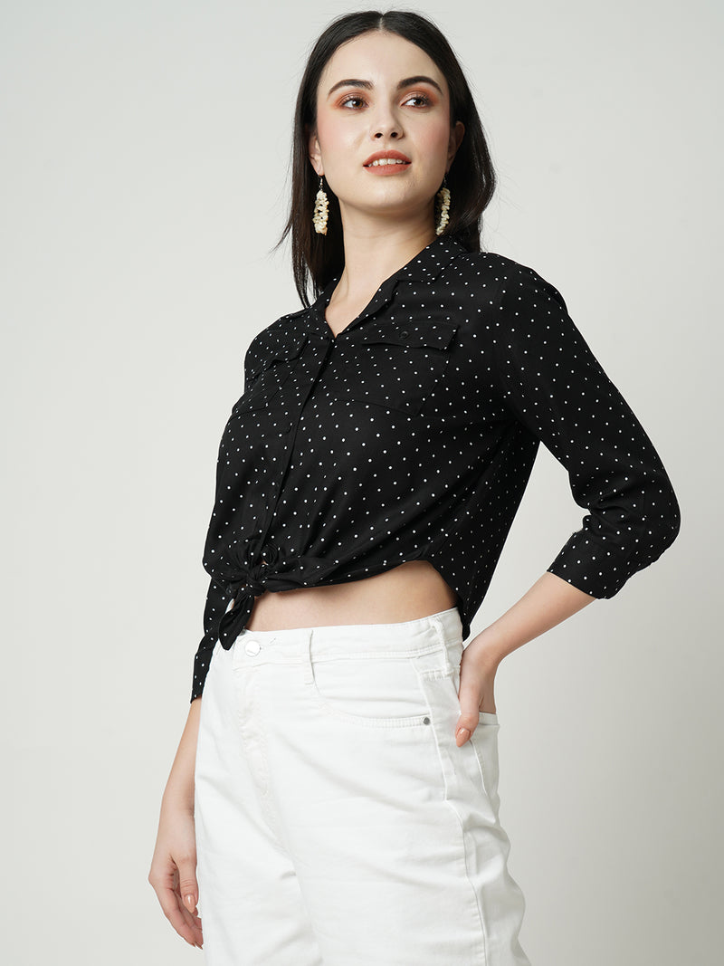 Women Black Polka Dot Three-Quarter Sleeves Shirts