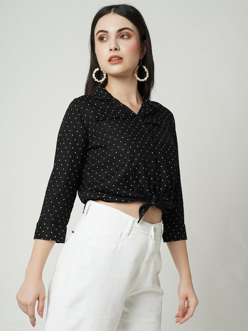 Women Black Polka Dot Three-Quarter Sleeves Shirts