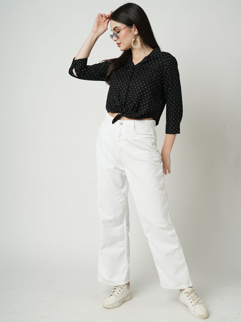 Women Black Polka Dot Three-Quarter Sleeves Shirts