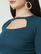 Women Teal Solid Three-Quarter Sleeves T-Shirts