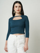 Women Teal Solid Three-Quarter Sleeves T-Shirts