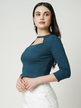 Women Teal Solid Three-Quarter Sleeves T-Shirts
