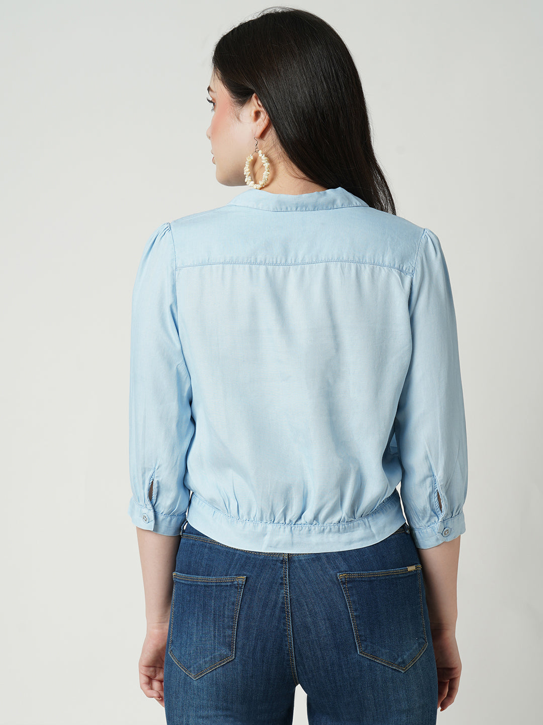 Women Light Blue Crop Shirt