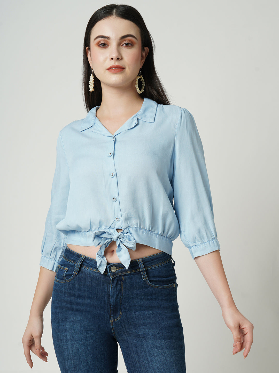 Women Light Blue Crop Shirt
