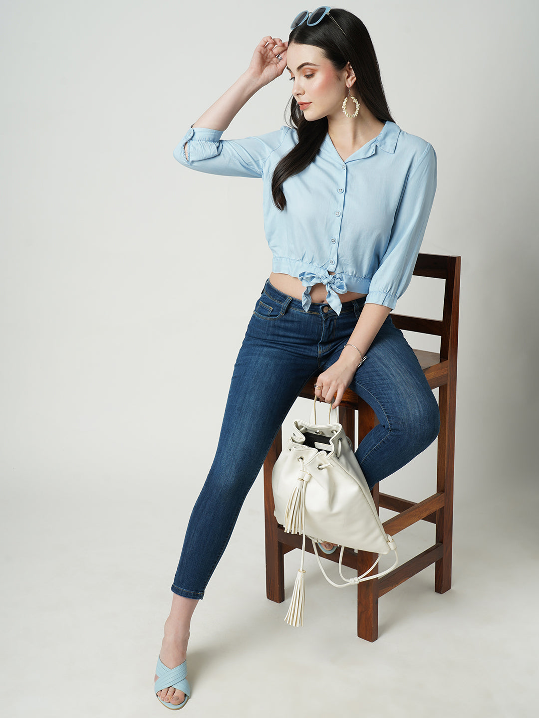 Women Light Blue Crop Shirt