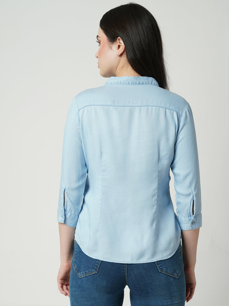 Women Light Blue Solid Three-Quarter Sleeves Shirts