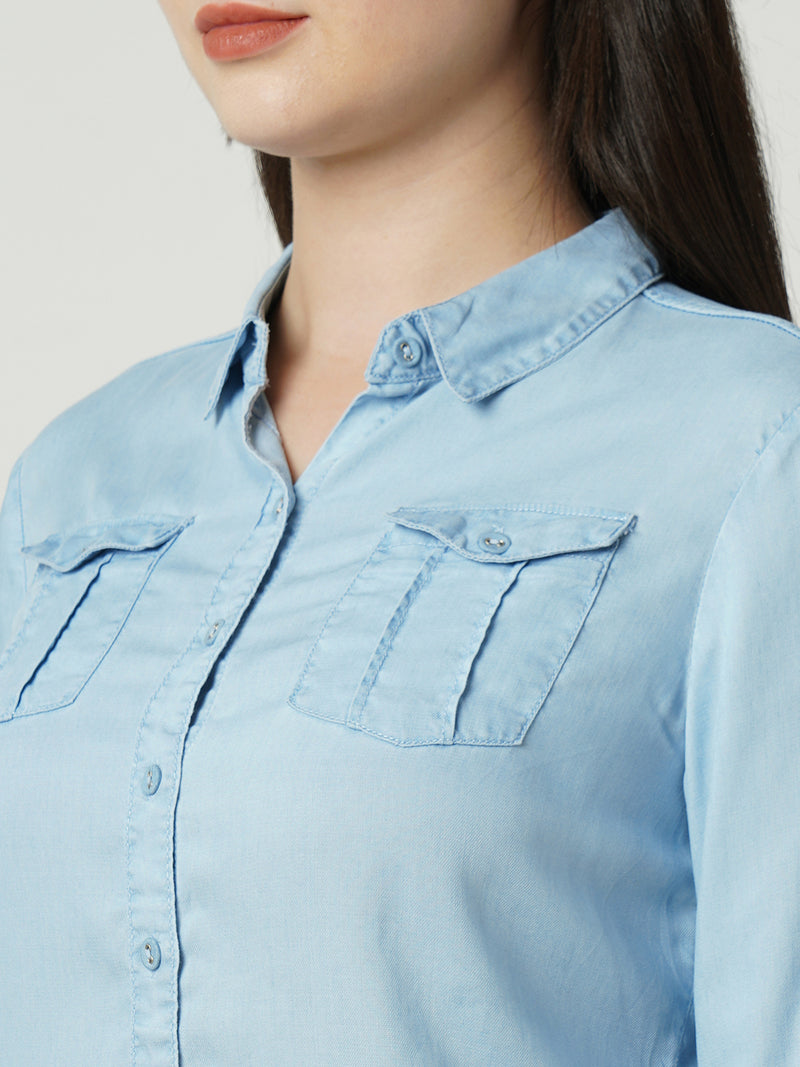 Women Light Blue Solid Three-Quarter Sleeves Shirts