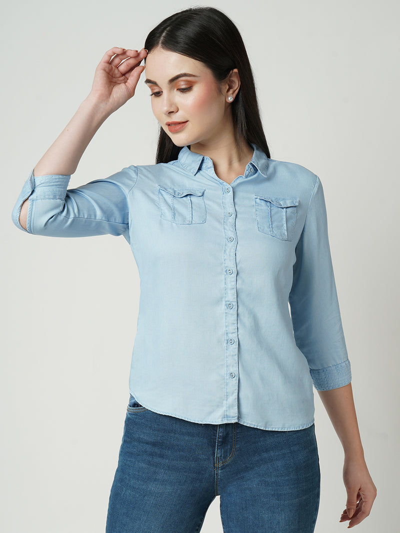 Women Light Blue Solid Three-Quarter Sleeves Shirts
