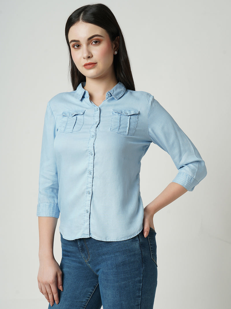 Women Light Blue Solid Three-Quarter Sleeves Shirts