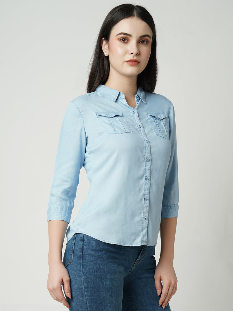 Women Light Blue Solid Three-Quarter Sleeves Shirts