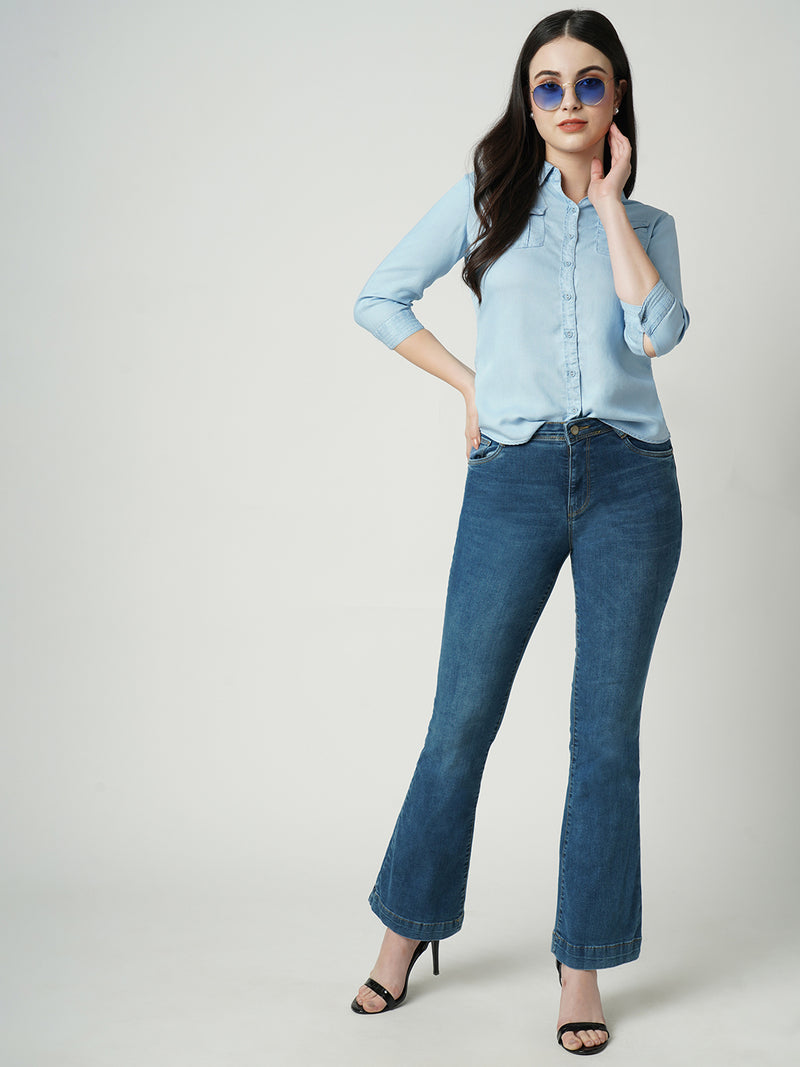 Women Light Blue Solid Three-Quarter Sleeves Shirts