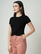 Women Black Solid Short Sleeves T-Shirts
