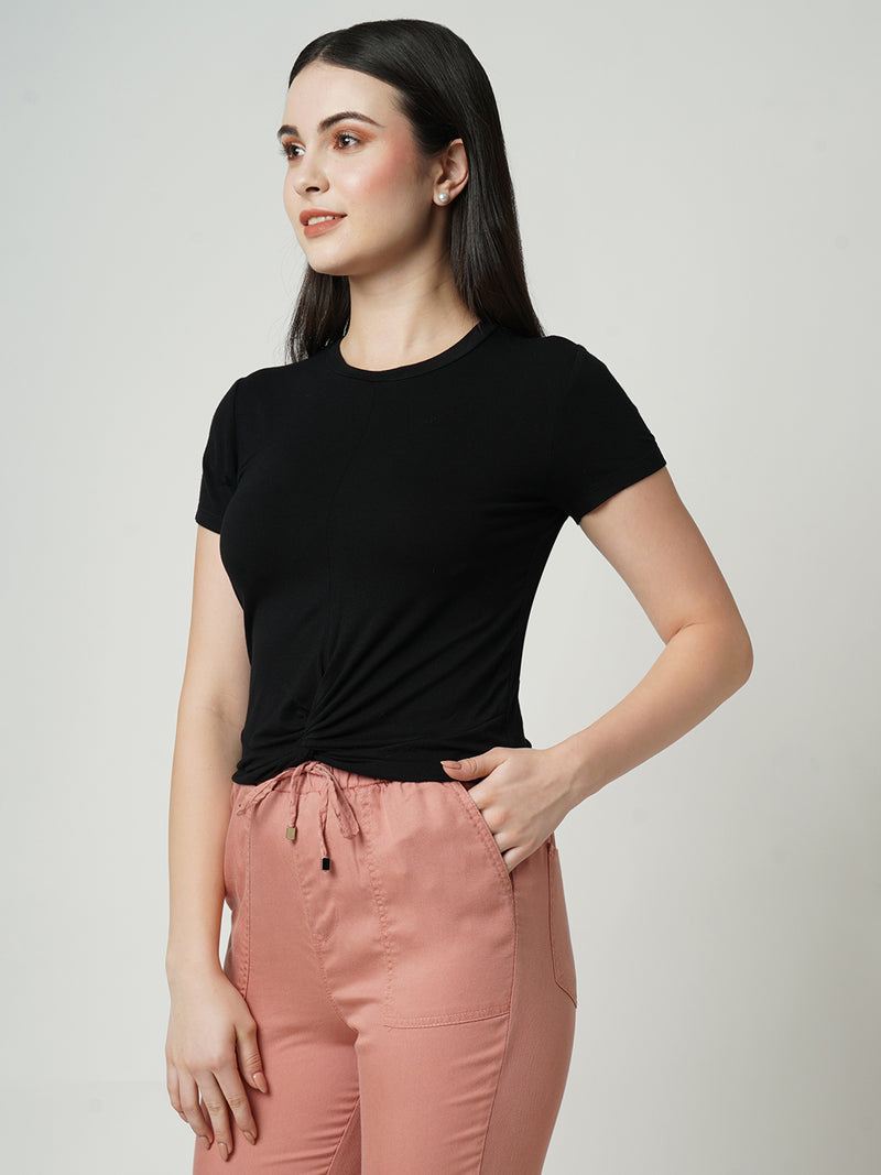 Women Black Solid Short Sleeves T-Shirts