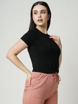 Women Black Solid Short Sleeves T-Shirts